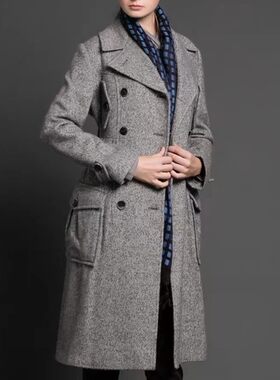 1折玛丝家浅灰双排扣羊驼毛羊毛呢长大衣小码裙摆式赫本风女Lsqj1
