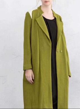 玛丝*菲ER瑕疵特价处理羊毛混纺大衣中长款绿色米白撞色女冬玛12