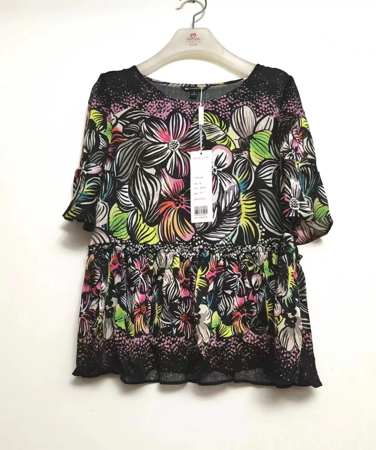 样衣宽松版梭织中袖圆领T恤衬衣雪纺衫黑底绿叶红花小碎花女夏M8