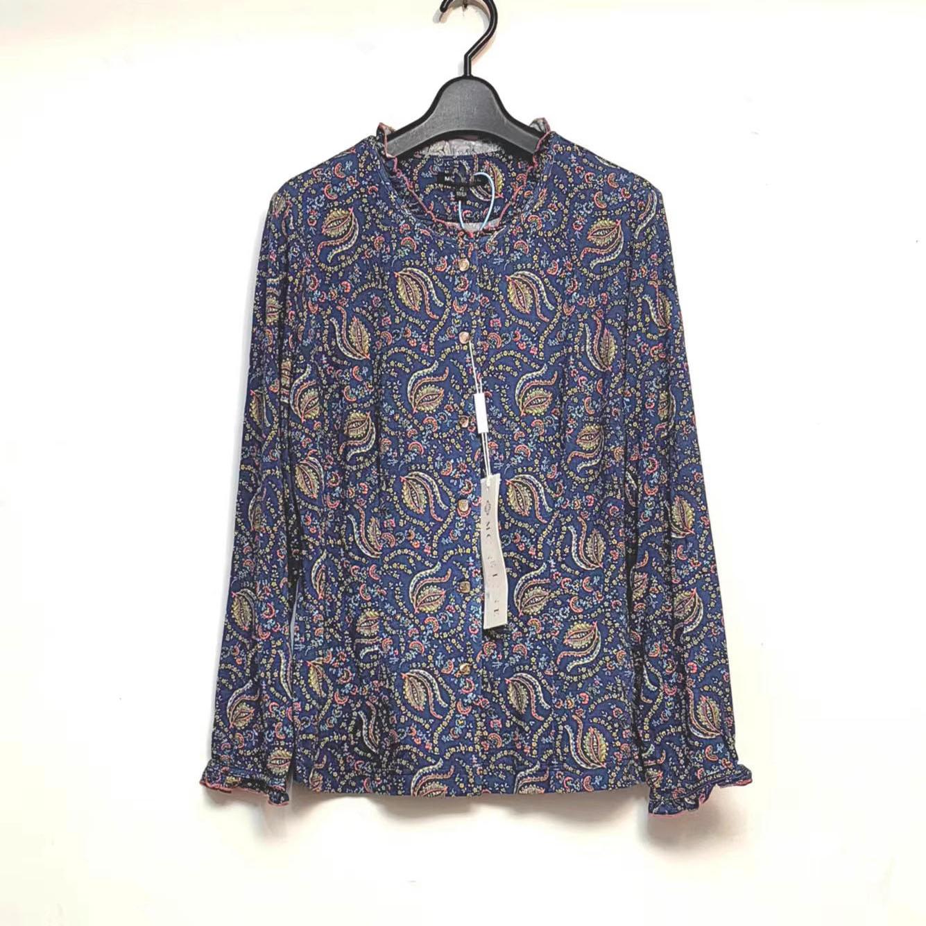 沐..兰意大利进口面料针织长袖衬衫修身版蓝黄腰果花女装春秋CS7