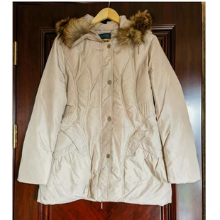 品牌撤柜羽绒衣鸭绒服连帽皮草杏色外套女装中长款2025春秋冬