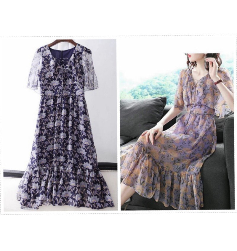 特价披肩式复古交叉绑带仙女范荷叶下摆连衣裙长款女夏深蓝色白4