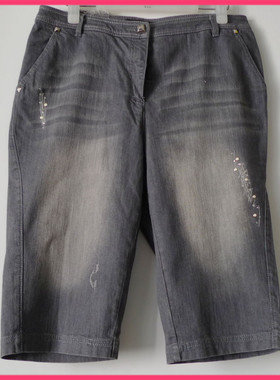 1.9折特价清仓灰色高腰休闲破洞磨砂牛仔中裤修身大码女夏秋棉26