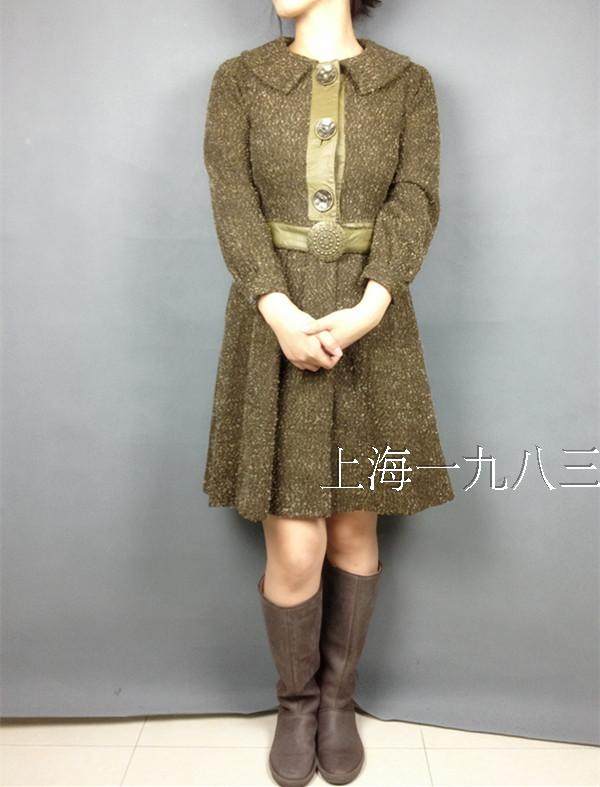 美千D羊毛长袖连衣裙厚中长款修身圈圈绒秋冬女风衣裙绿偏黄MXZ