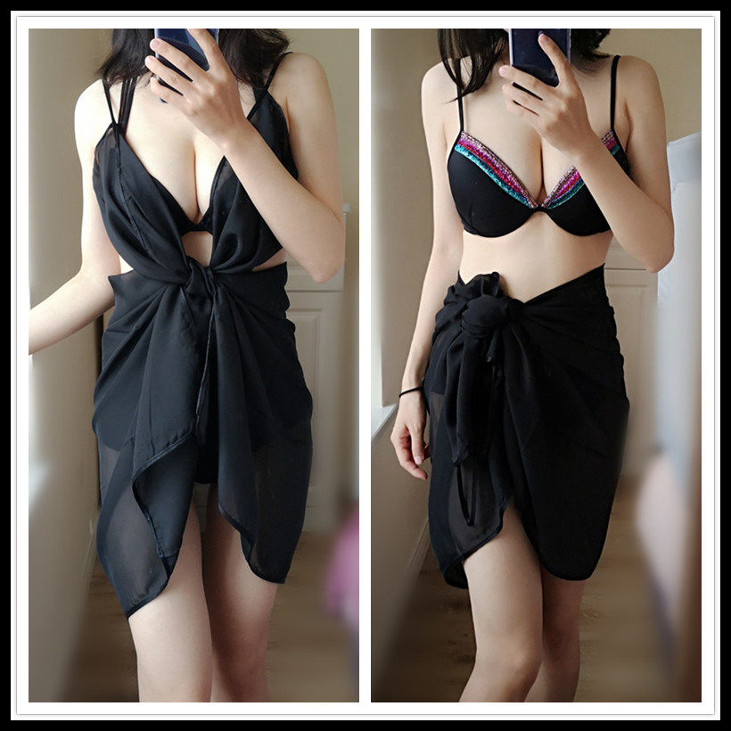 黑色白色比基尼外搭多种穿法披纱交叉带泳衣雪纺遮肚显瘦系腰裹裙