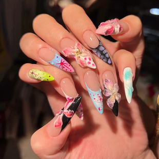 手工夏日立体冰花多巴安欧美y2k辣妹法式手绘花卉美甲穿戴甲成品