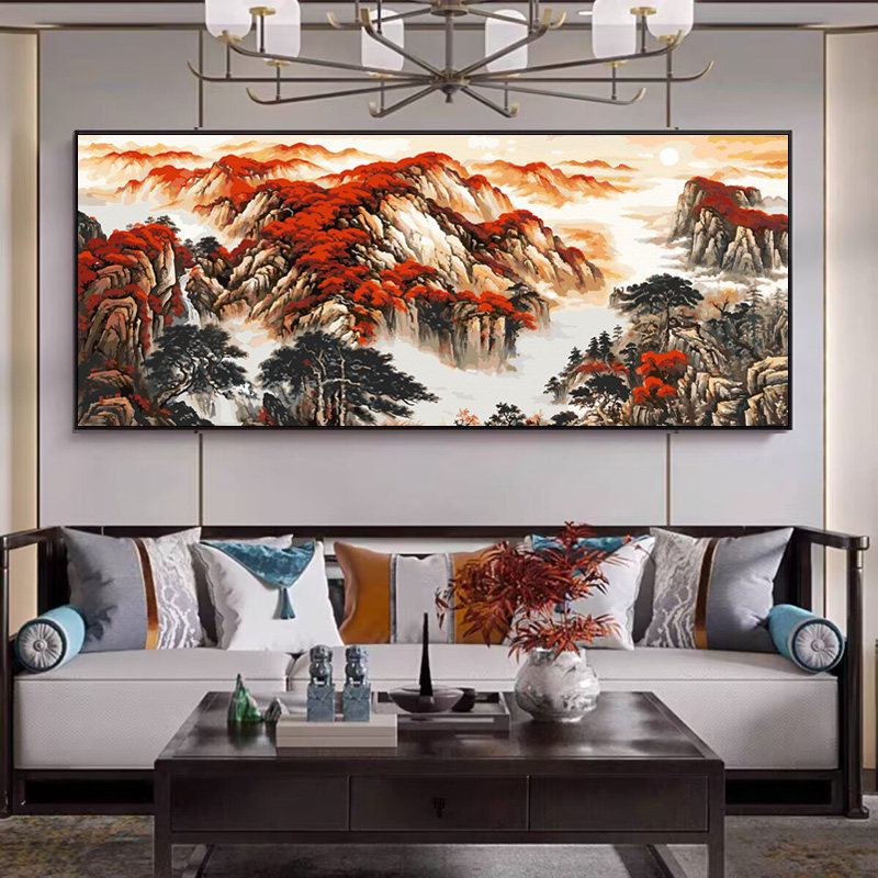 鸿运当头diy数字油画客厅沙发背景装饰画大气山水风景画 旭日东升