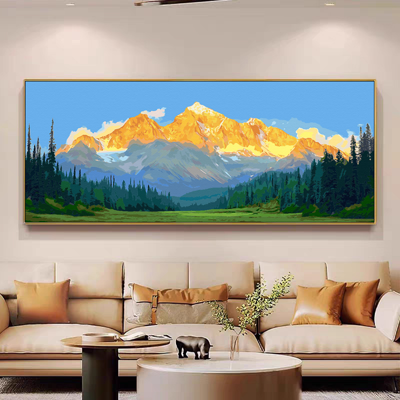 横版大幅日照金山diy数字油彩画简约现代客厅森林风景装饰画 靠山