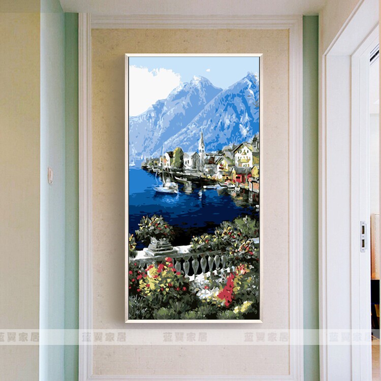 竖版大幅地中海风景数字油画DIY填充油彩画欧式轻奢玄关装饰画