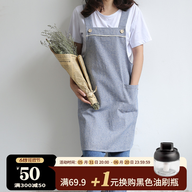 日式简约文艺棉麻厨房家用背肩围裙美甲烘焙花店服工作服定制LOGO 家庭/个人清洁工具 围裙 原图主图