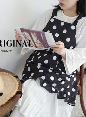 北欧黑白大波点围裙日式韩版时尚花边家居厨房防脏围裙防油罩衣