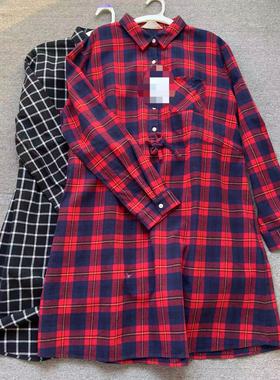 香港专柜pinpai新品韩版宽松收腰格子长袖衬衫版连衣裙