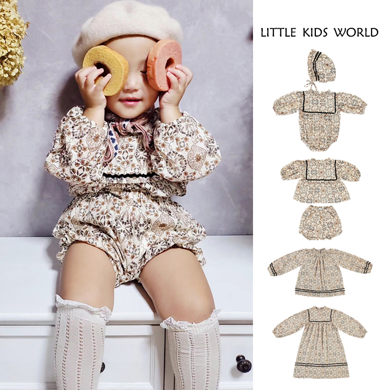 23秋冬女童法式复古橙碎花长袖连衣裙宫廷风宝宝连体爬服套装