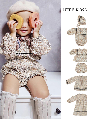 23秋冬女童法式复古橙碎花长袖连衣裙宫廷风宝宝连体爬服套装