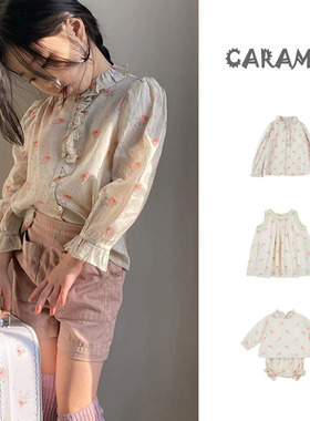 23春夏CAR同款女童轻薄木耳花边长袖衬衫无袖连衣裙套装满印玫瑰