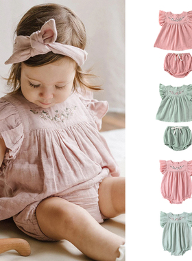 23春夏婴儿刺绣甜美包屁衣爬服宝宝可爱小飞袖全棉公主裙短裤套装