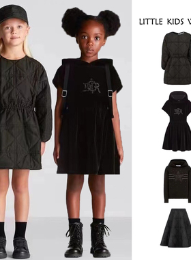 23秋冬女童藤格纹科技面料收腰连衣裙进口丝绒连帽烫钻裙黑色洋气