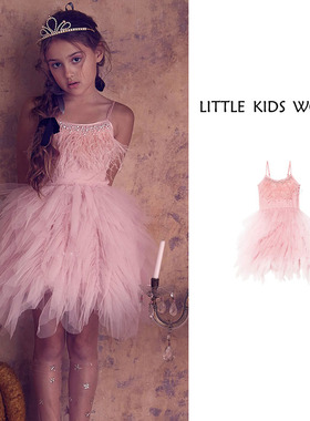 23春夏女童tu tu裙羽毛吊带连衣裙网纱蓬蓬裙生日派对周岁公主裙