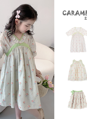 23春夏Car同款女童V领粉碎花荷叶领连衣裙法式轻薄无袖背心裙ins