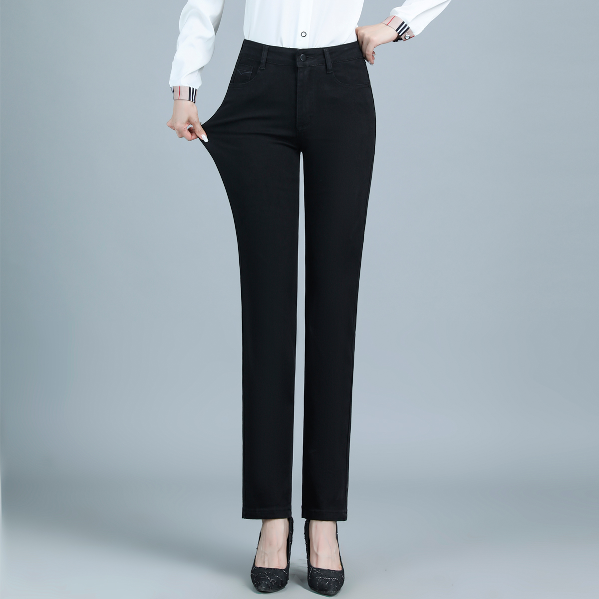 秋季新款黑色直筒牛仔裤中年女裤