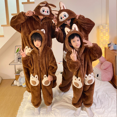 珊瑚绒冬季一家三口亲子连体睡衣