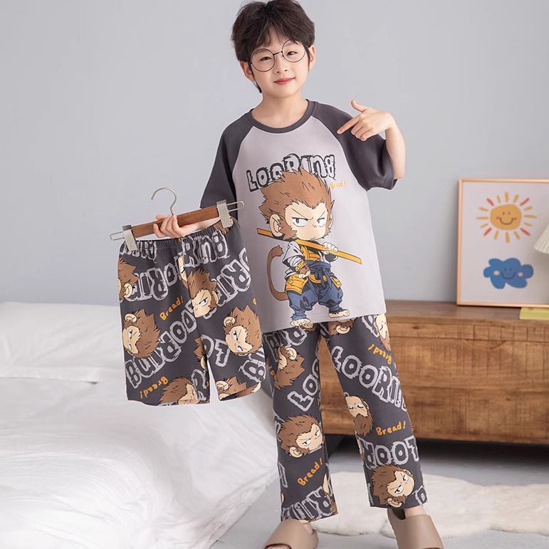 男童纯棉睡衣三件套短袖长裤夏季薄款2025新款卡通悟空家居服套装