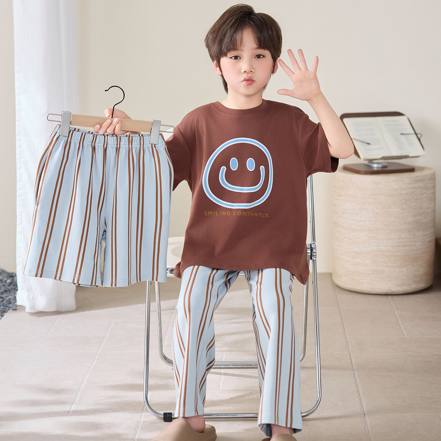 男童纯棉睡衣夏季短袖薄款三件套2026新款韩版笑脸儿童空调家居服