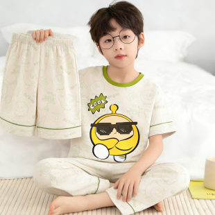 2026新款男童睡衣儿童夏季三件套纯棉短袖长裤短裤男生大童家居服