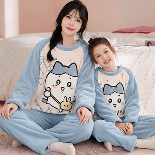 母女睡衣冬季珊瑚绒亲子装可爱吉伊卡哇薄款法兰绒秋冬女童家居服