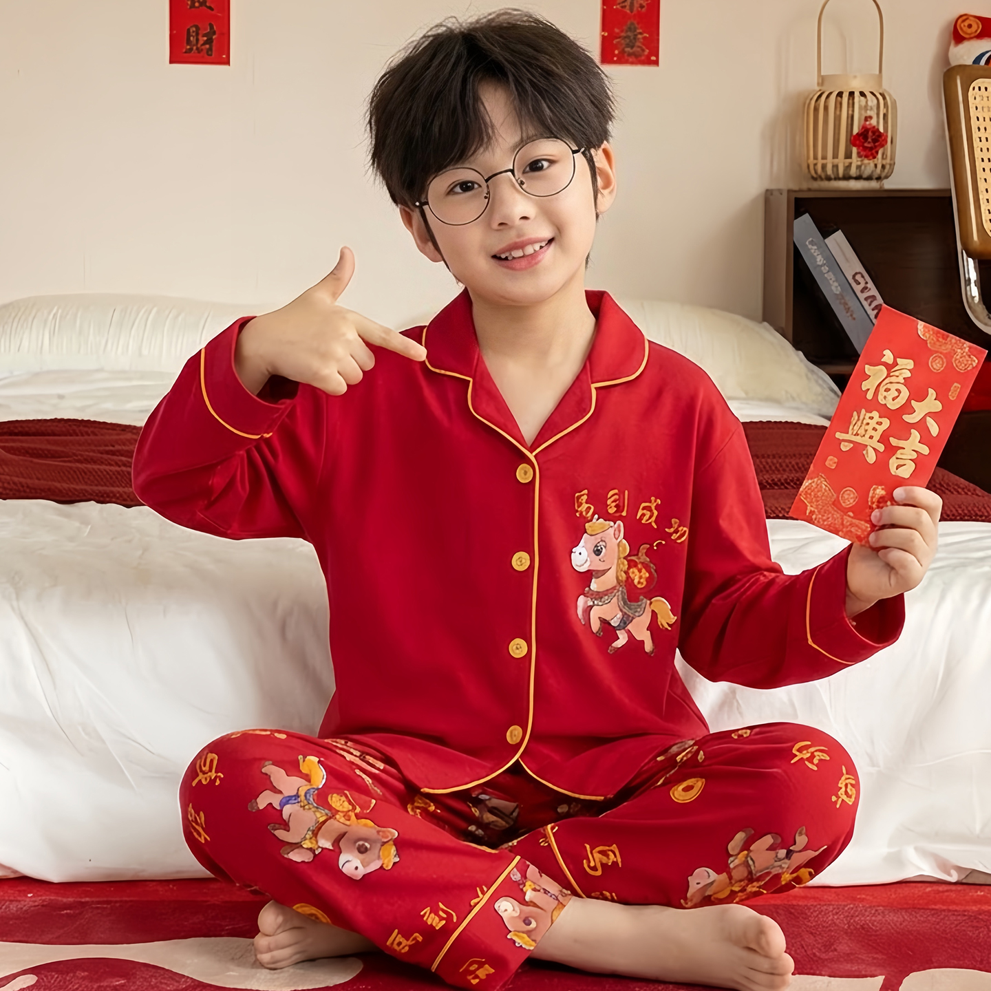 本命年红色儿童纯棉家居服套装