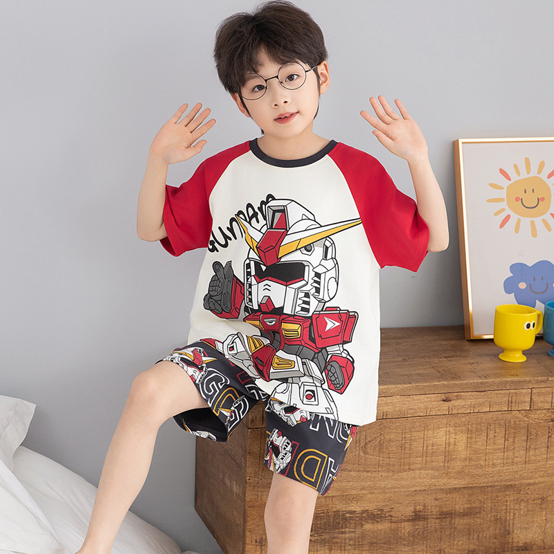 2025新款夏天帅气男孩睡衣薄款纯棉短袖卡通中大童儿童家居服套装