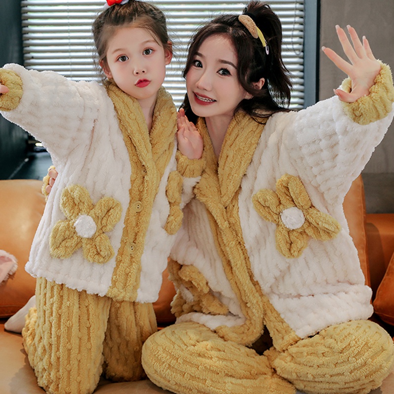 小花女童睡衣珊瑚绒冬季加厚亲子母女装法兰绒可爱儿童家居服套装