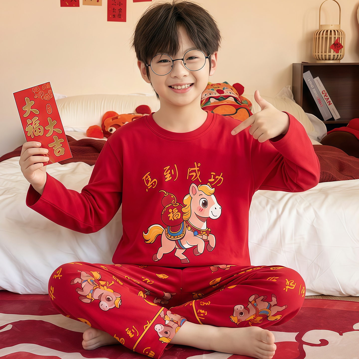 本命年红色儿童纯棉家居服套装