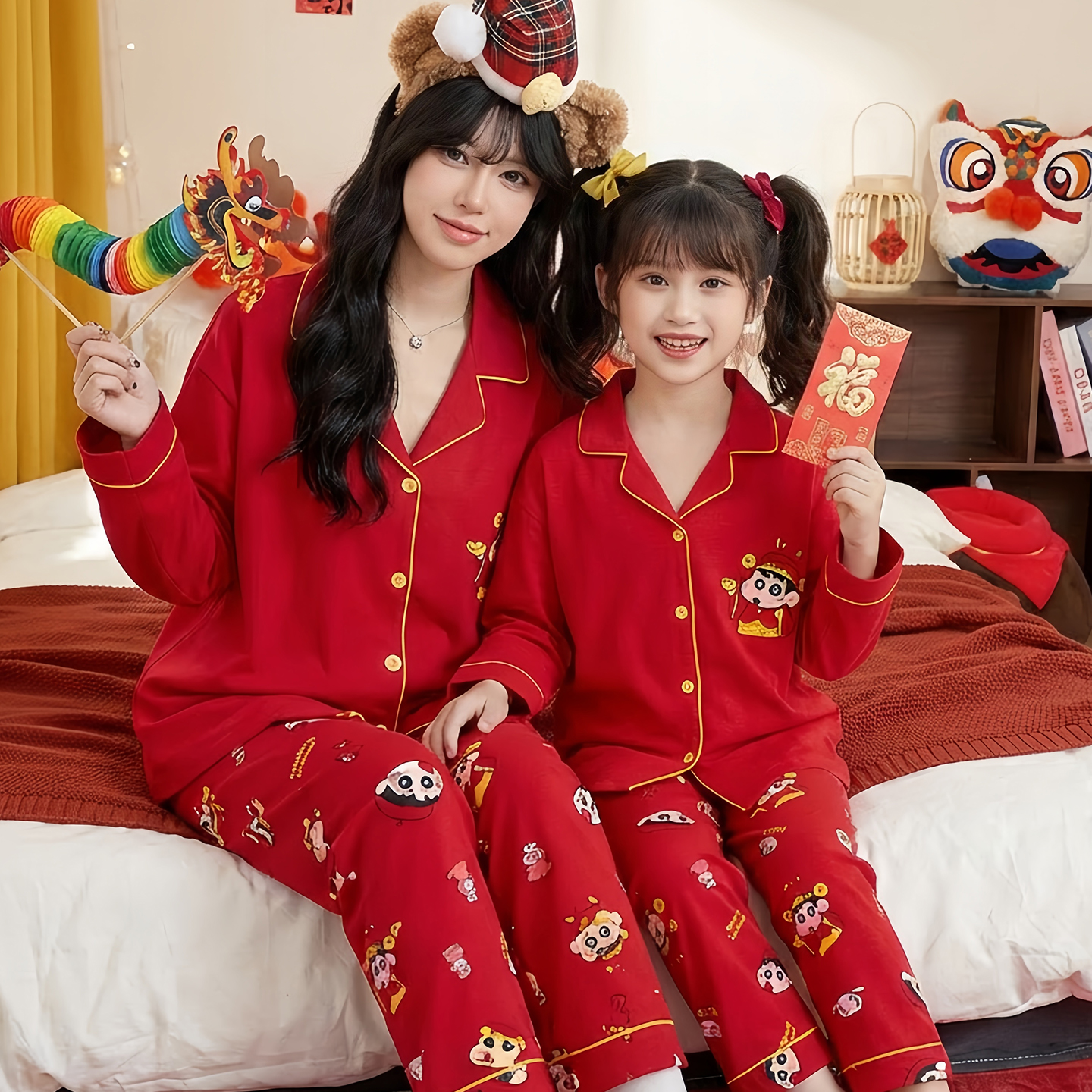 红色亲子装母女睡衣纯棉套装