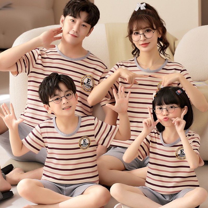 韩版条纹亲子睡衣纯棉短袖一家三口运动休闲可外穿男童夏季家居服