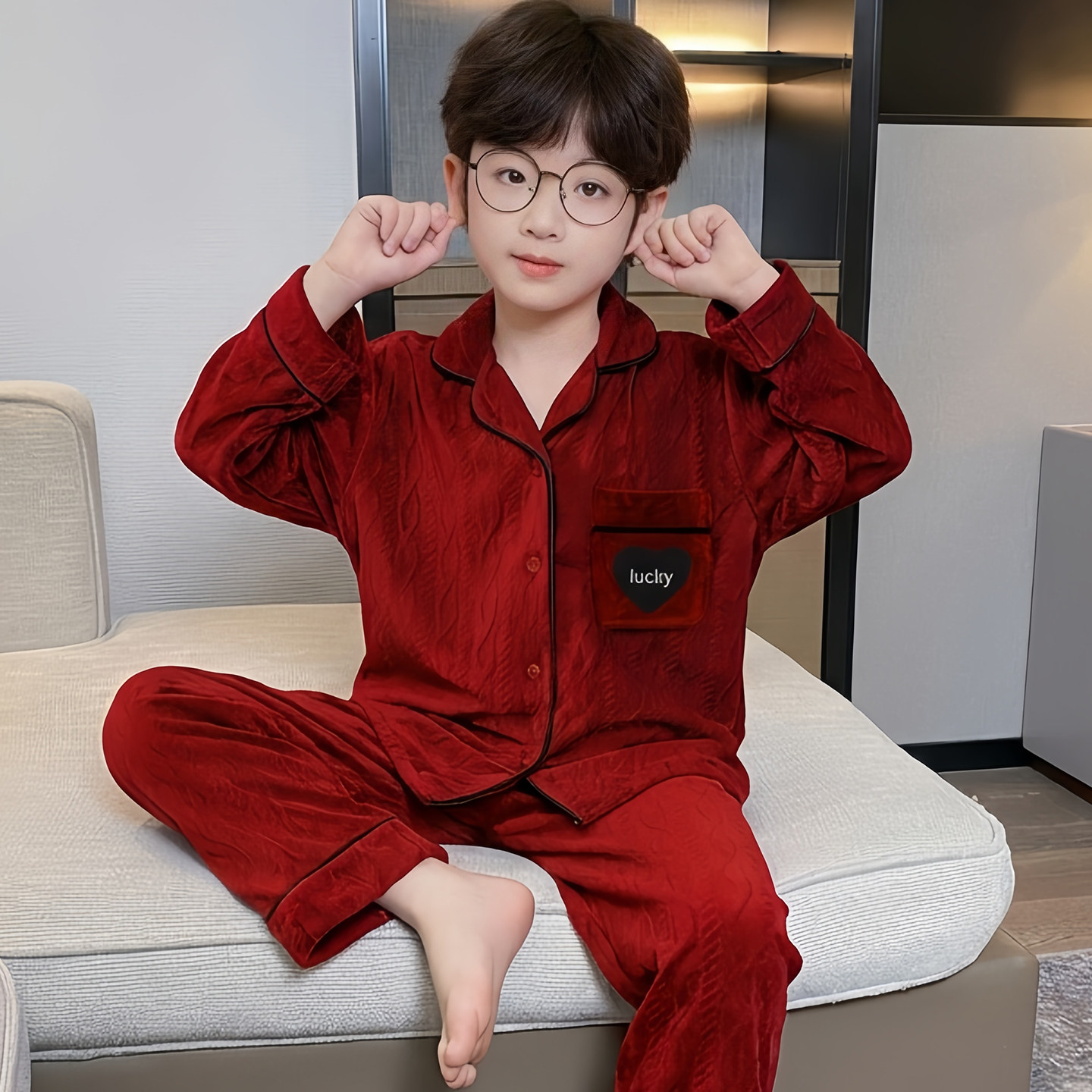 2026新年男童睡衣红色秋冬款男孩大童开衫款薄款珊瑚绒家居服套装,童装/婴儿装/亲子装,家居服套装,淘宝优惠券,粉丝福利购,淘宝优惠卷