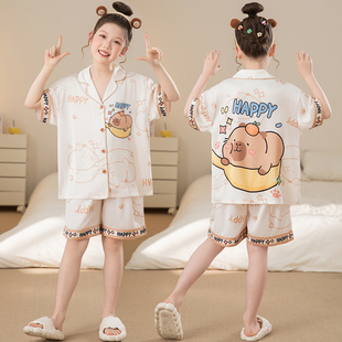 卡皮巴拉女童睡衣冰丝夏季短袖薄款中大童女孩母女亲子同款家居服