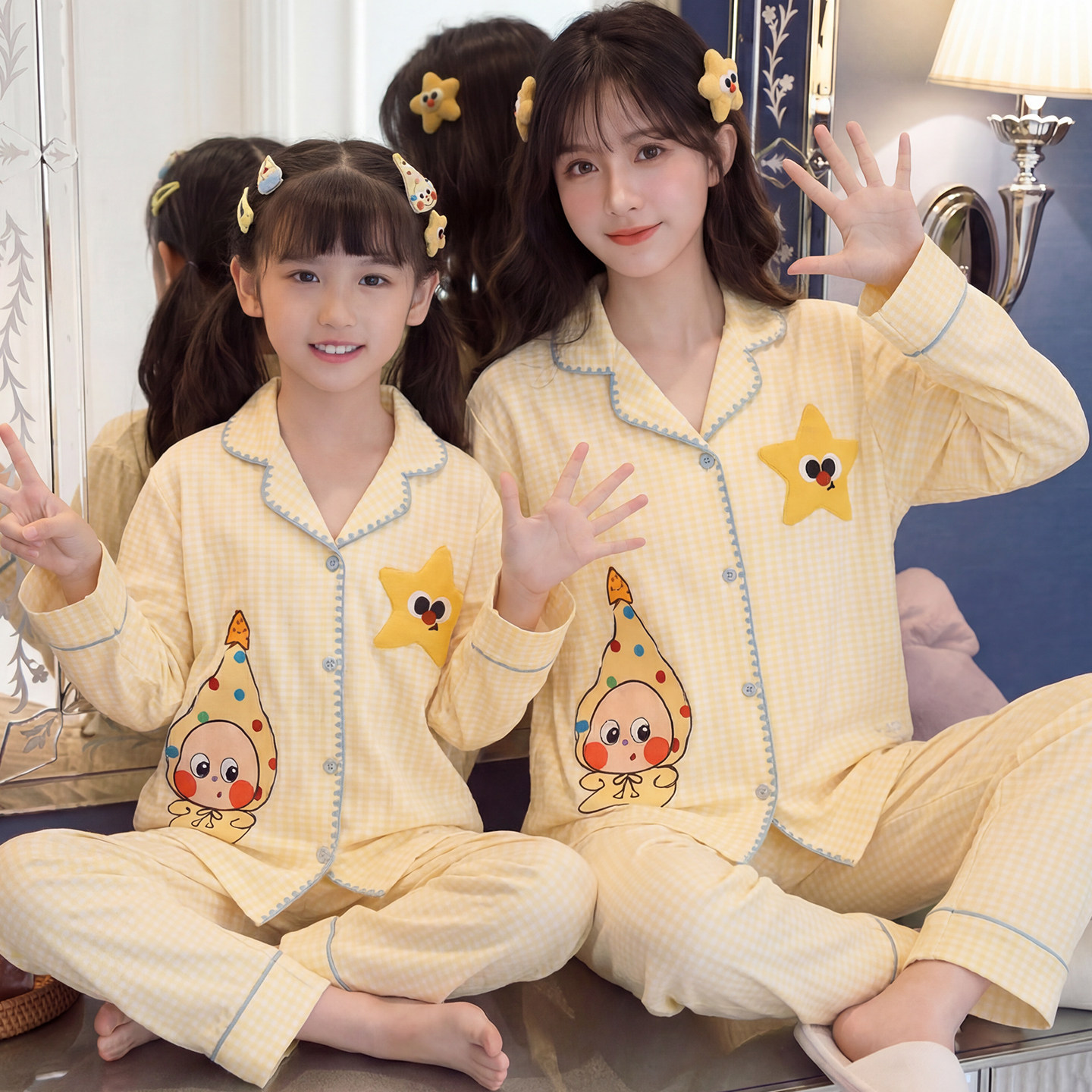 亲子睡衣母女装纯棉2026春秋季长袖可爱星星人女孩大童家居服套装