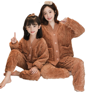 秋冬季珊瑚绒睡衣女童可爱开衫加厚法兰绒大中小童母女亲子家居服