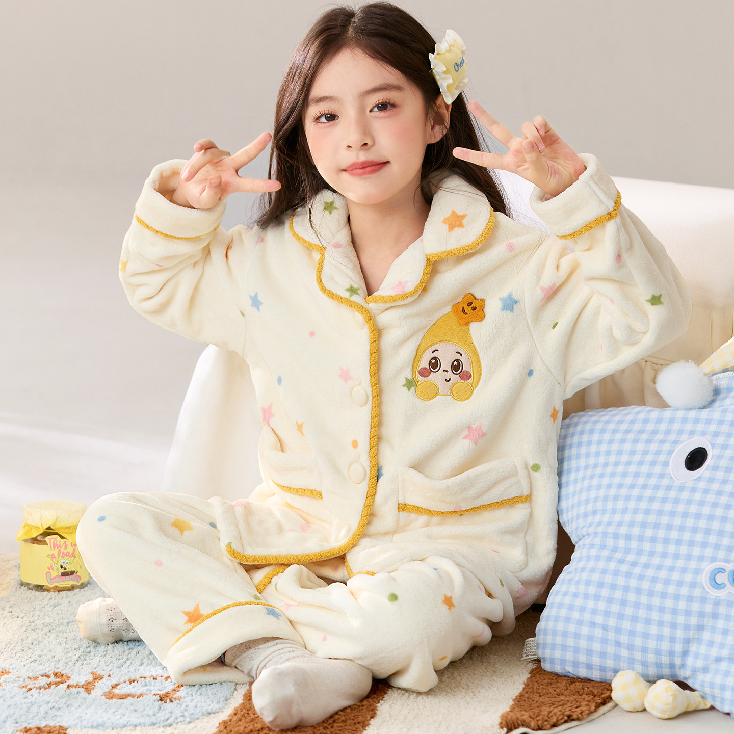 女童睡衣秋冬季薄款法兰绒中大童小女孩网红星星人可爱家居服套装
