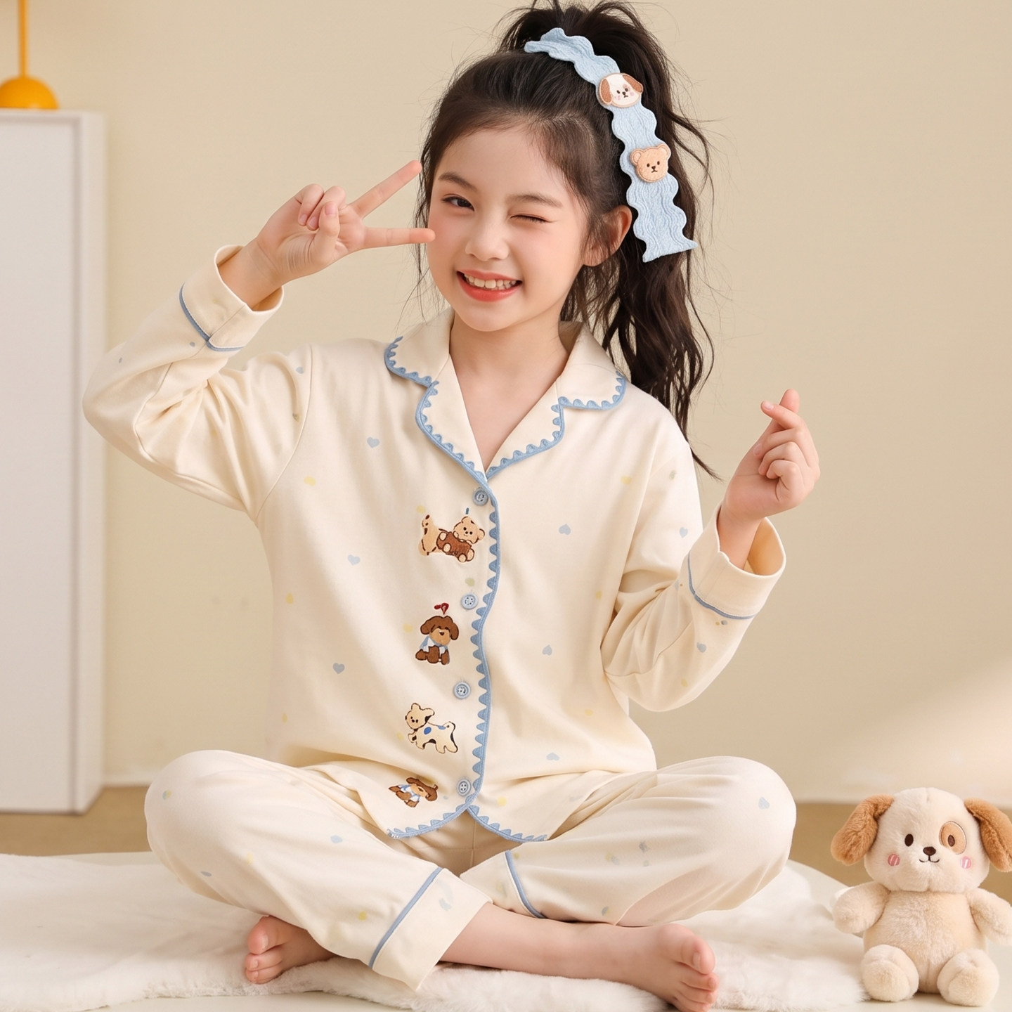 卡通小狗女童睡衣长袖纯棉春秋季2026新款女孩宝宝大童家居服套装