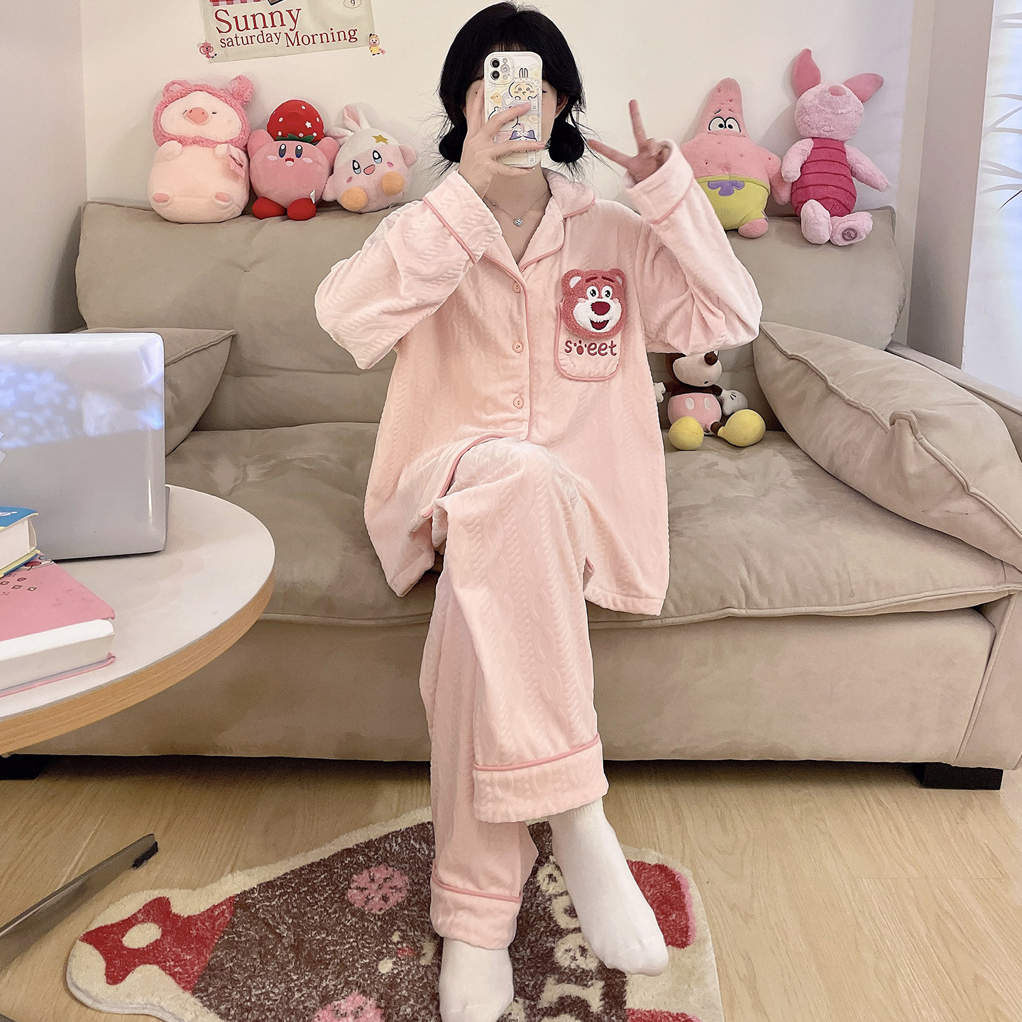 新款海岛绒秋冬季少女睡衣套装