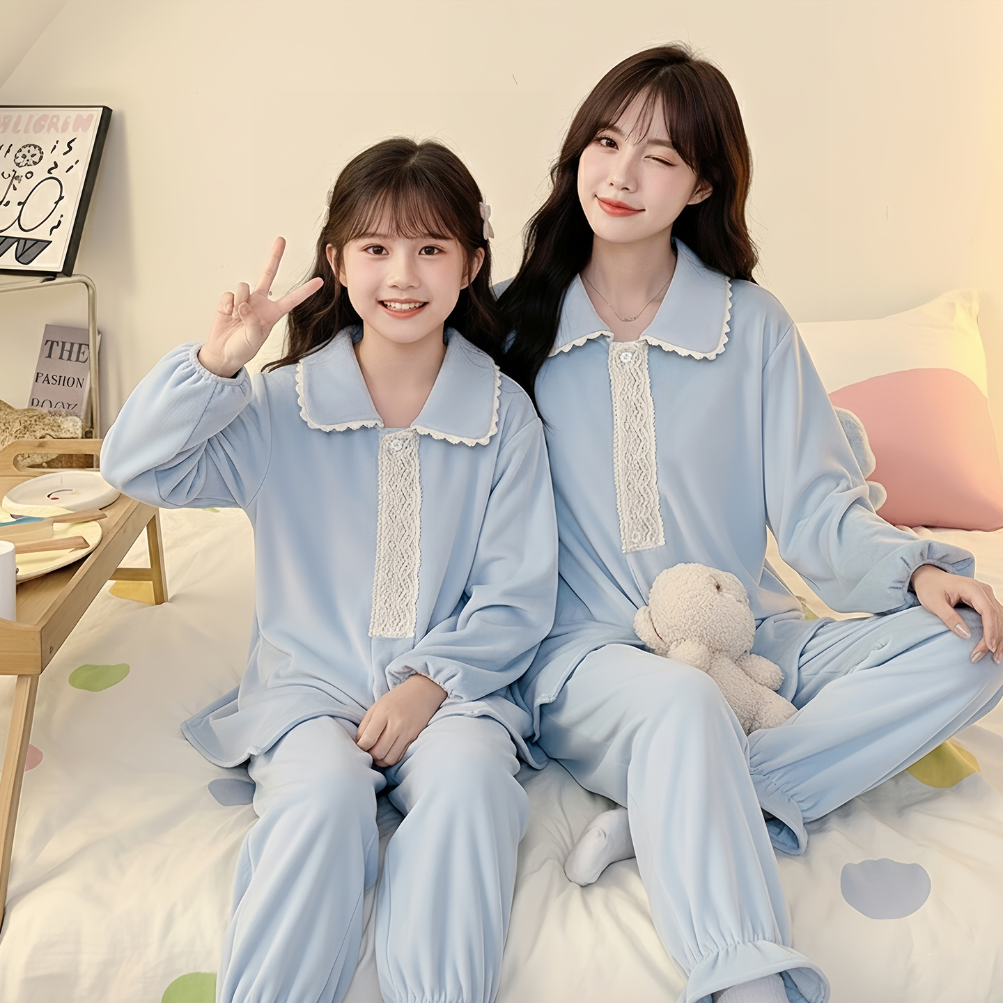 亲子睡衣冬款珊瑚绒女童冬季海岛绒母女装甜美开衫秋冬家居服套装