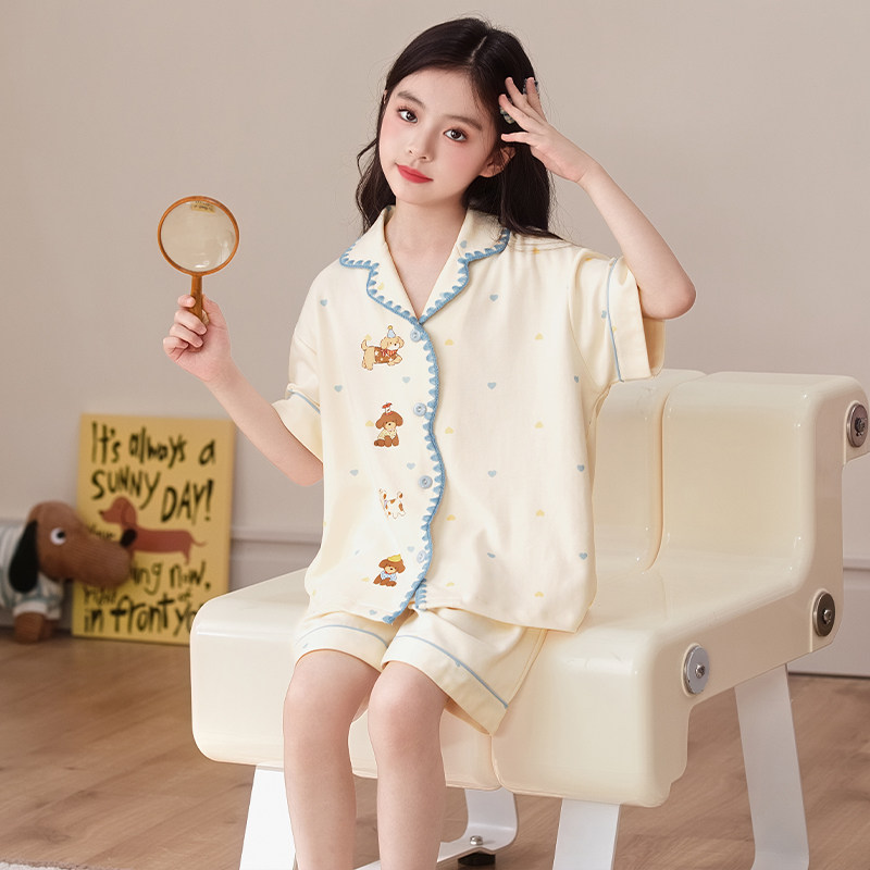 卡通小狗睡衣女童夏季短袖纯棉开衫款可外穿母女亲子款家居服套装