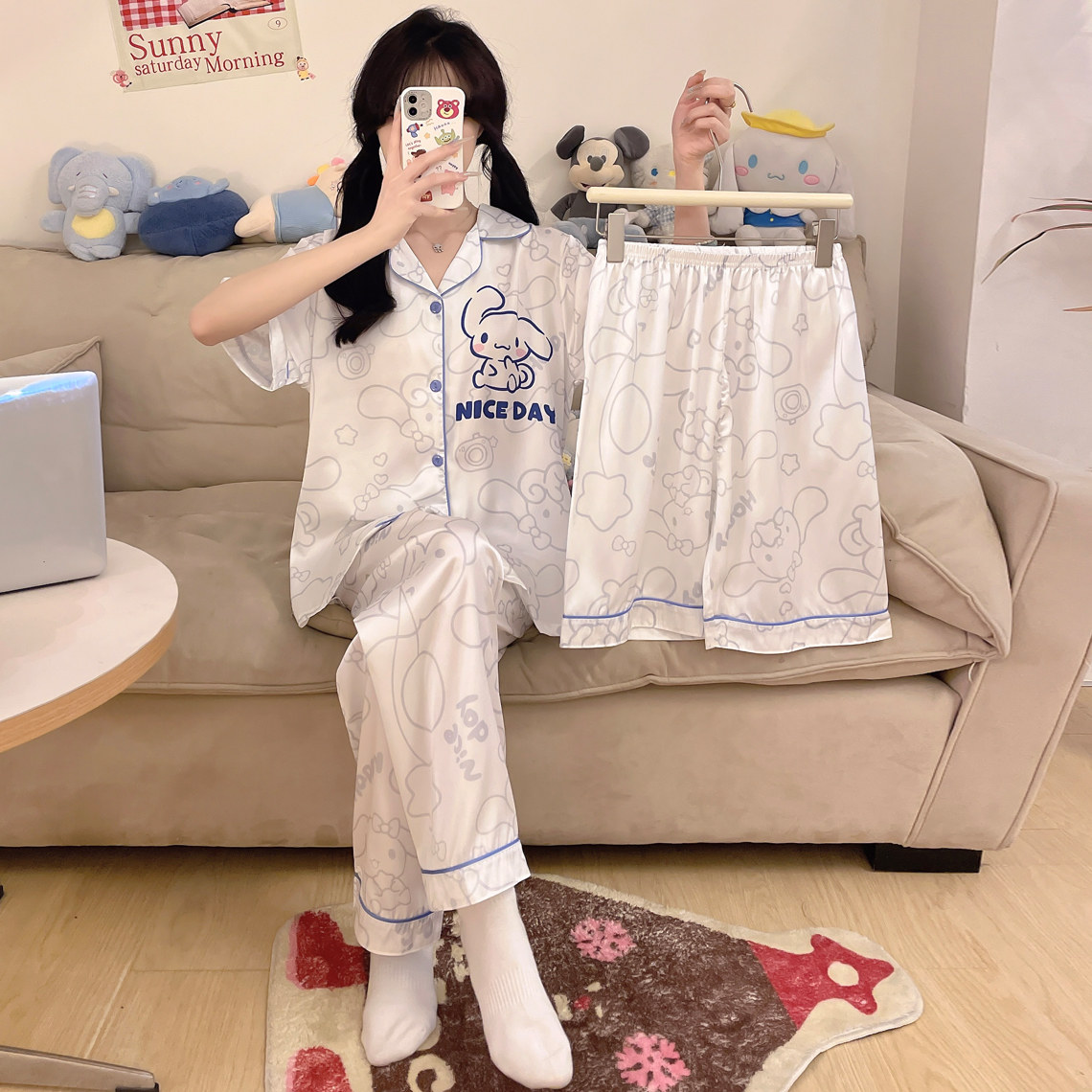 玉桂狗女童睡衣夏季短袖冰丝薄款中大童母女亲子同款家居服三件套