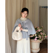 七与珍珠 时薇 100%羊毛雾霾蓝花瓣边复古翻领绑带斗篷