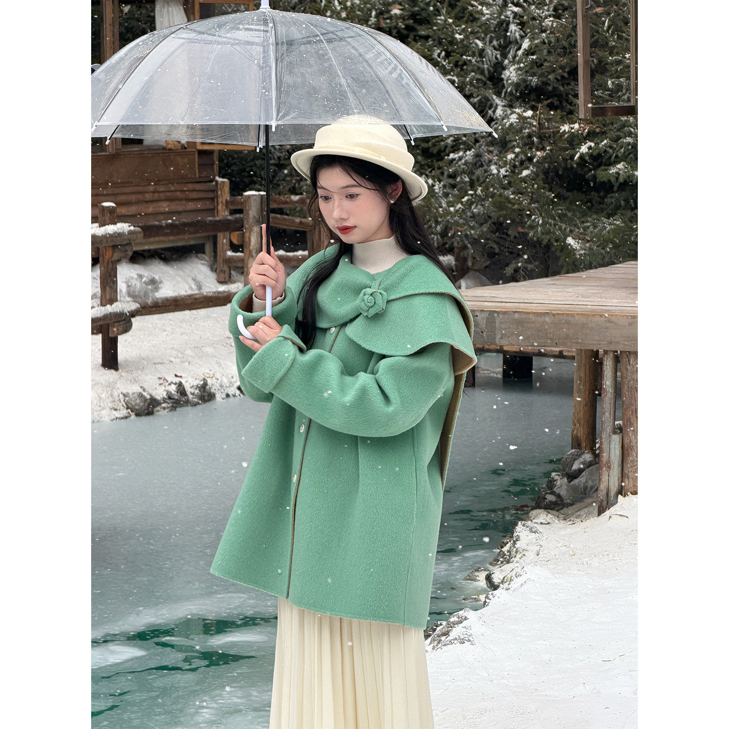 七与珍珠 “冬月”100%羊毛宽松外套绿色清冷中古感双面呢大衣,女装/女士精品,毛呢外套,淘宝优惠券,粉丝福利购,淘宝优惠卷