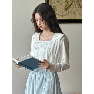 七与珍珠 “九月晴空”复古宽松文艺翻领爱德华上衣风格刺绣衬衣