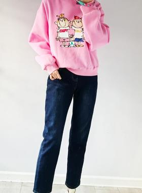 韩国aurora简洁字母刺绣一体绒深蓝色水洗直筒弹力加绒显瘦牛仔裤