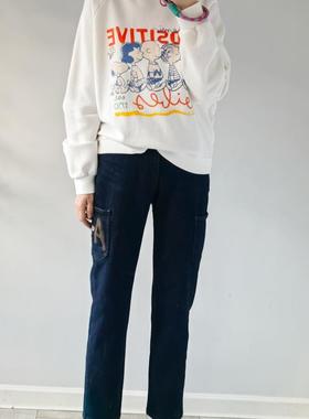 韩国aurora冬季工装风字母刺绣一体绒深蓝色加绒加厚烟管牛仔裤